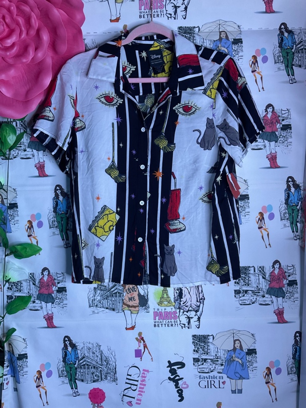 Her Universe Black Button-Up Shirt with Red, Yellow and White Graphic Prints
